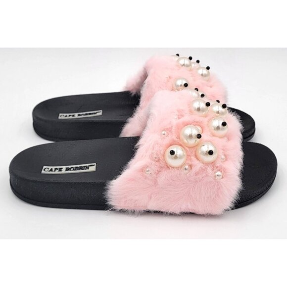 Cape Robbin Moira Women Slip On Skids Sandal Size 5 Pink Faux Fur & Pearl Accent - Picture 4 of 8